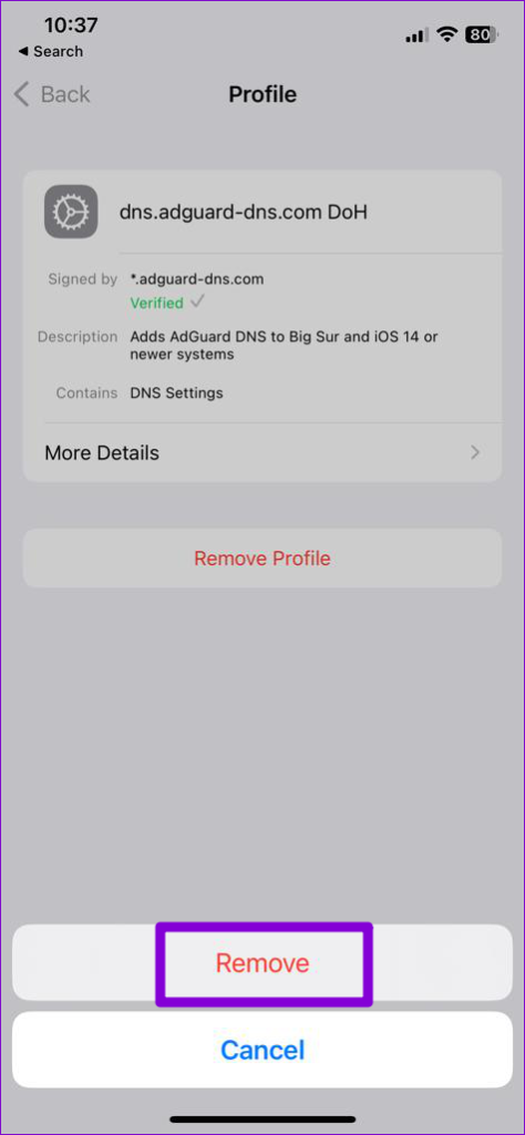 Confirm Remove DNS Profile From iPhone