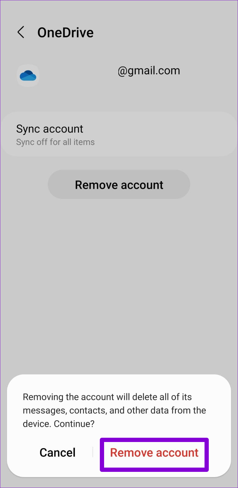 Confirm Remove OneDrive Account From Samsung Phone