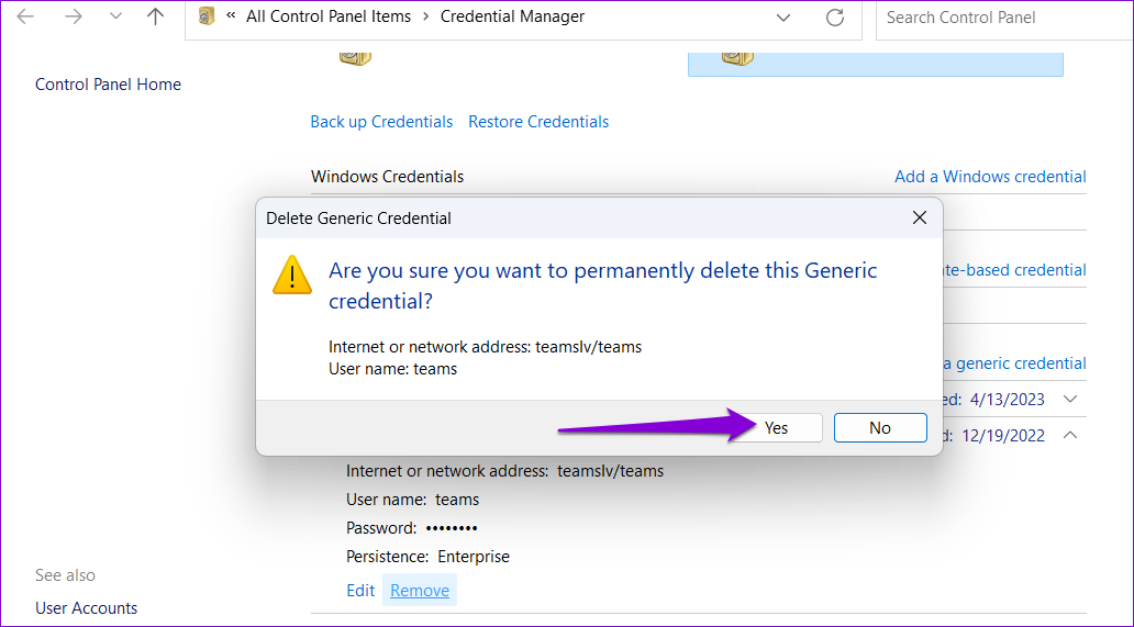 Confirm Remove Teams Credentials From Credential Manager