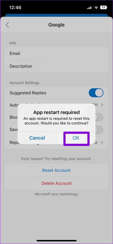 Confirm Reset Account in Outlook App 2