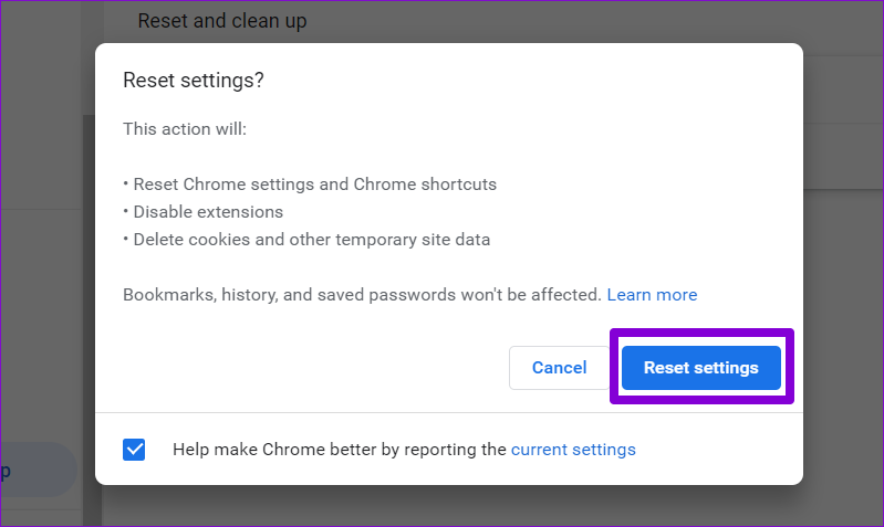 Confirm Reset Chrome