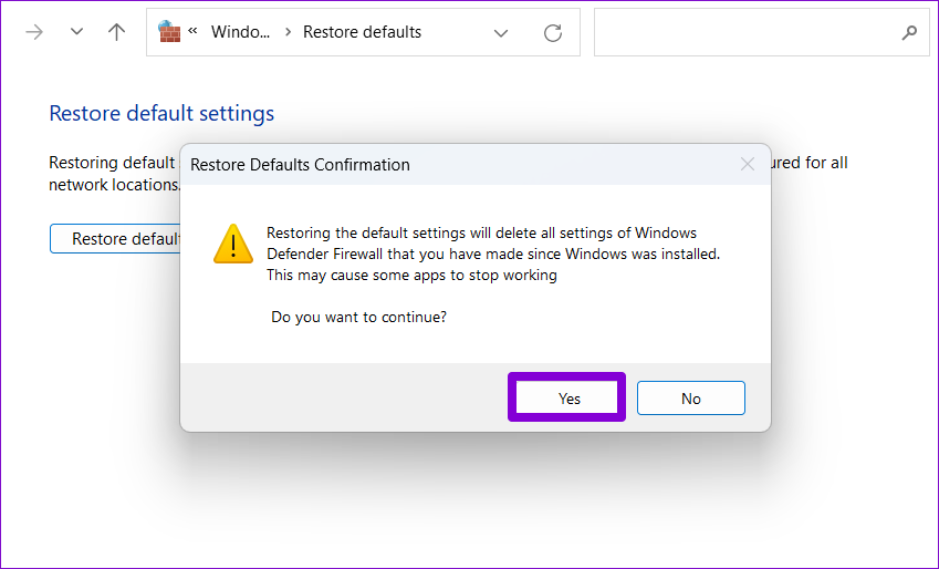Confirm Reset Windows Firewall Settings