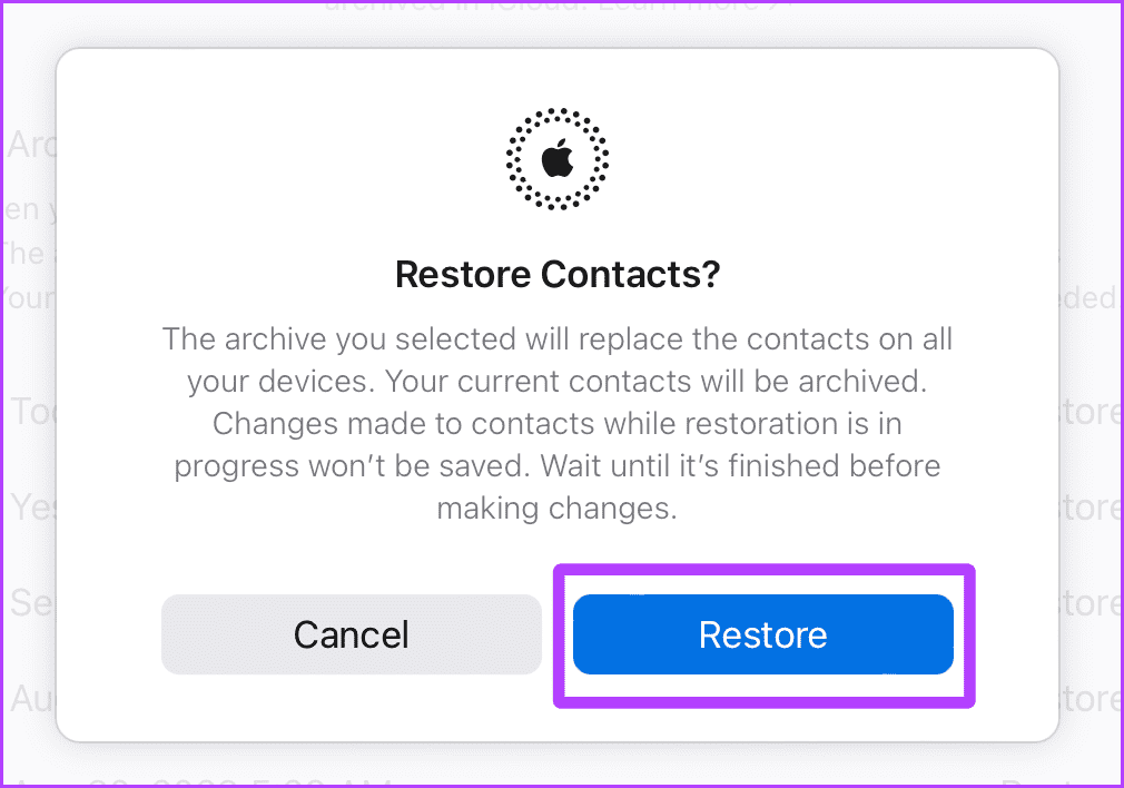 Confirm Restore Contacts iCloud Web