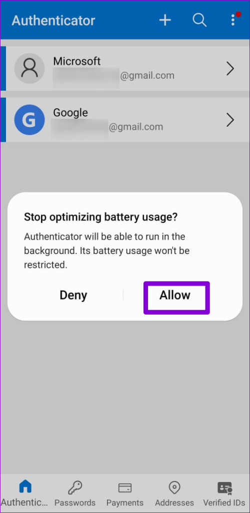 Confirm Turn Off Battery Optimization for Microsoft Authenticator on Android
