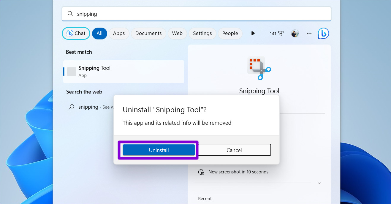 Confirm Uninstall Snipping Tool in Windows 11