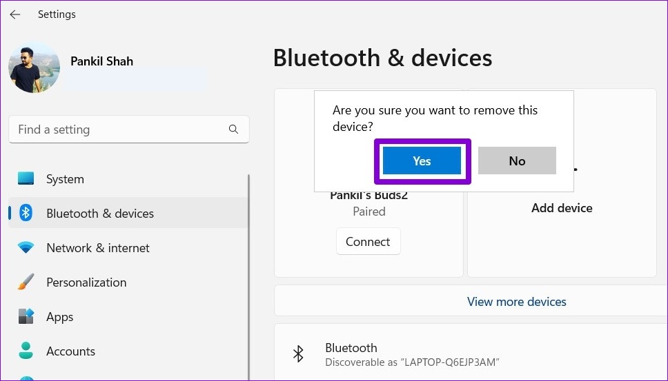 Confirm Unpair Bluetooth Device in Windows