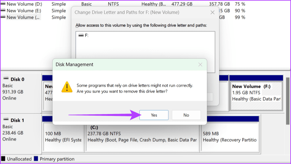 Confirm the change by clicking Yes on the pop up window and select OK