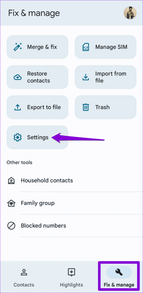 Contacts App Settings on Android
