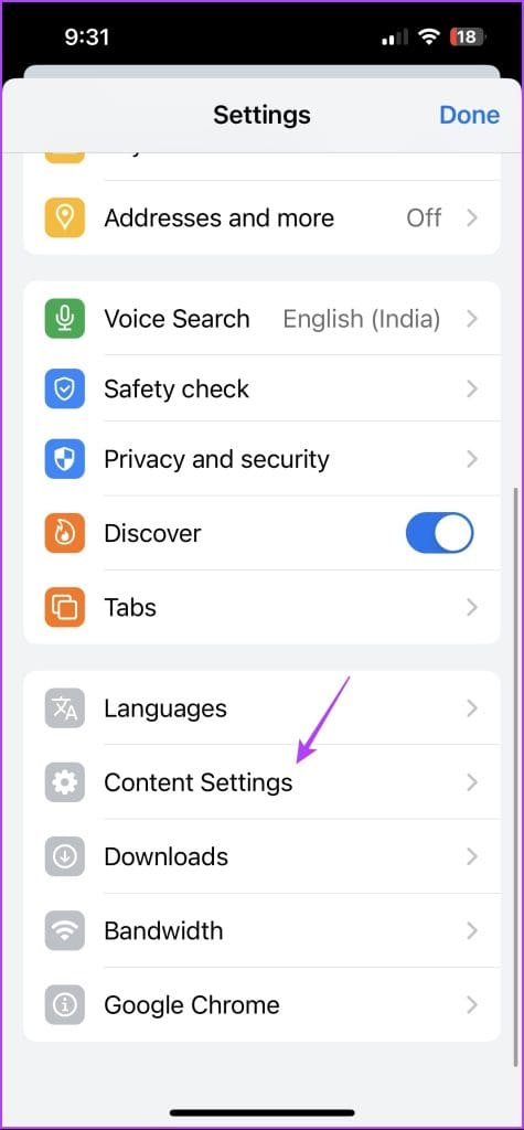 Content settings option