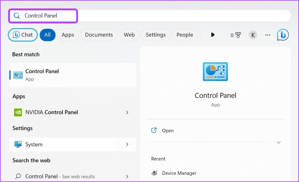 Control Panel in Start menu