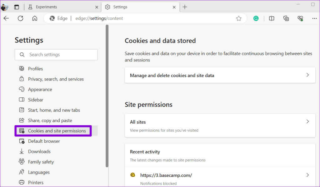 Cookies and Site Permissions in Edge 2