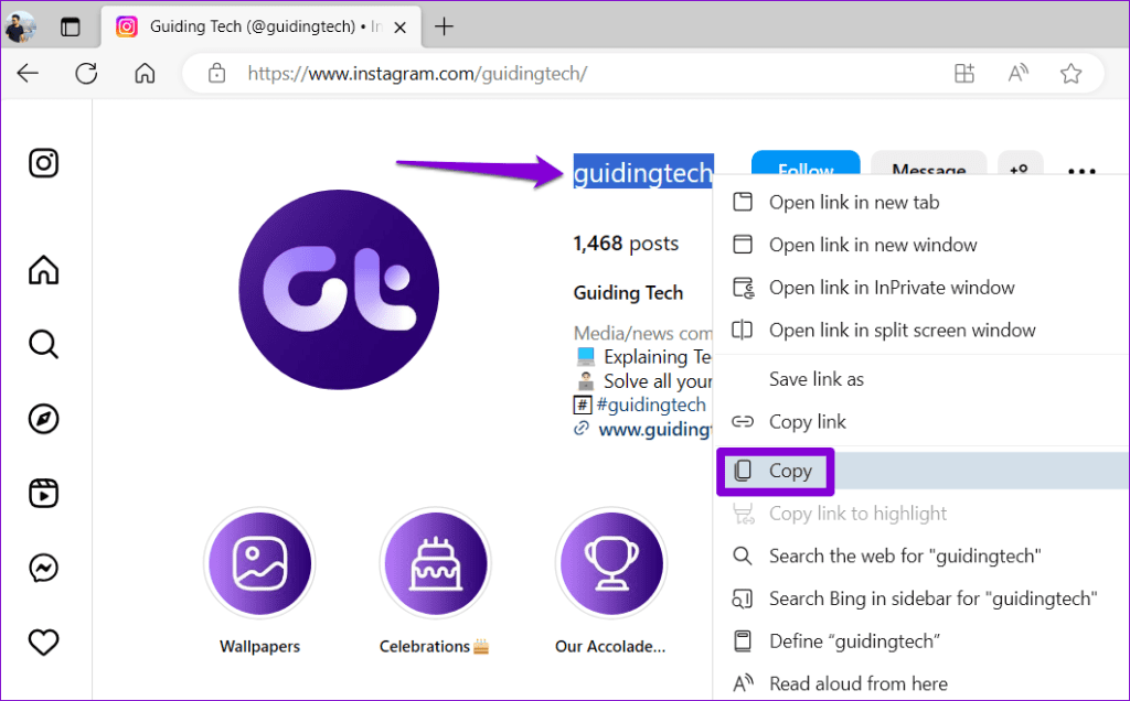 Copy Instagram Handle on Web
