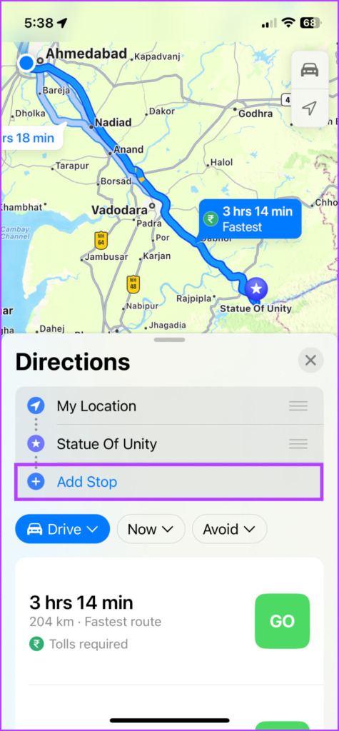 Toque Agregar parada para crear una ruta de varias paradas en Apple Maps
