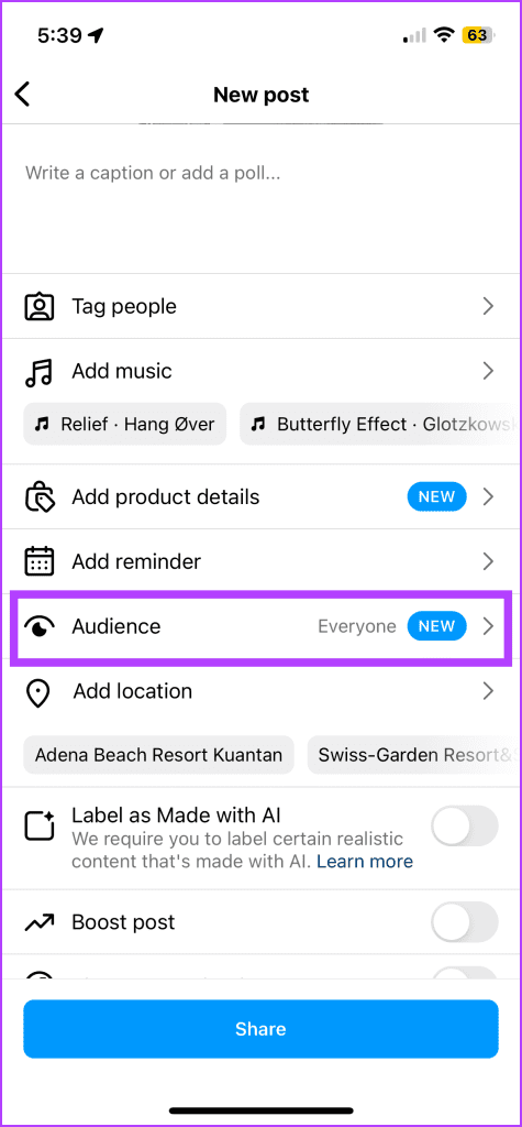 before posting the content, tap the Audience option