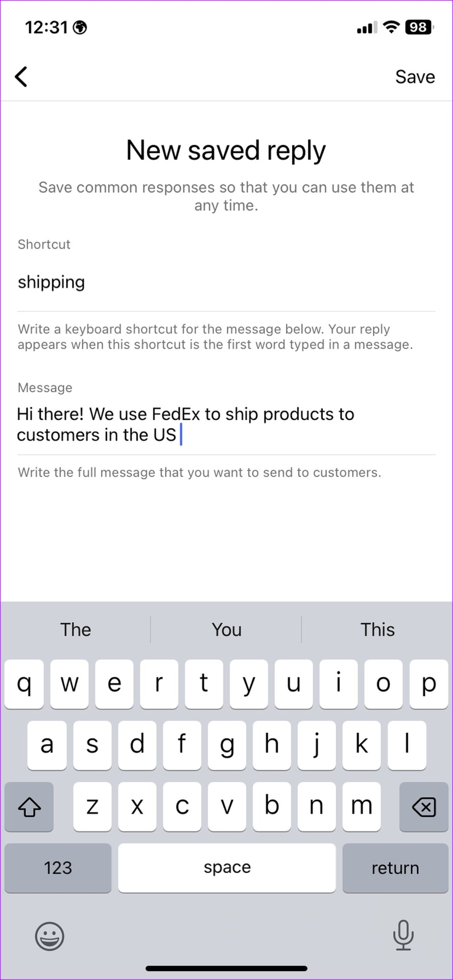 shipping details as saved reply on Instagram