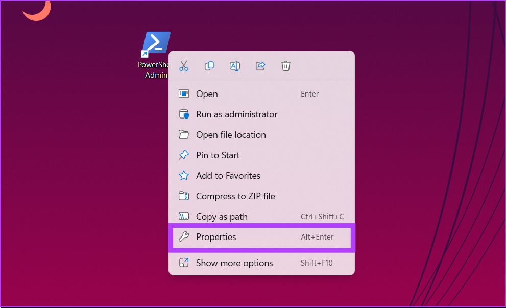select the Properties option from the context menu