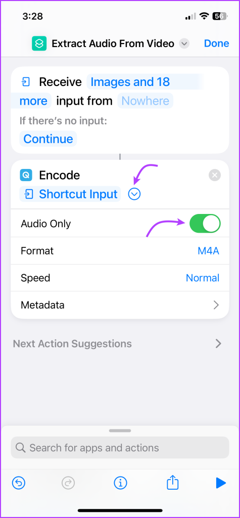 Toggle on Audio only to extract audio from video in iPhone