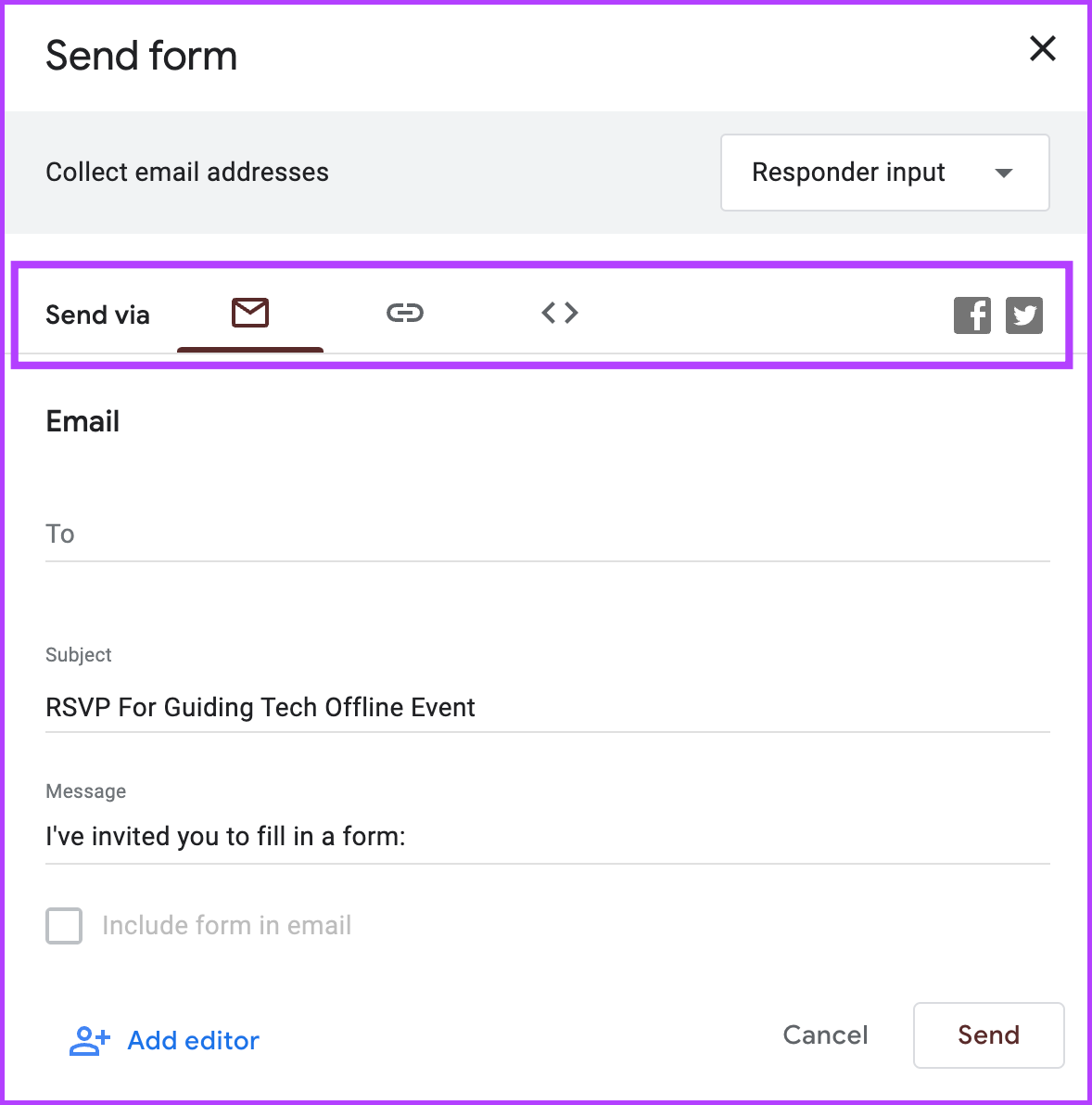 Select the methods to share your RSVP Google Forms