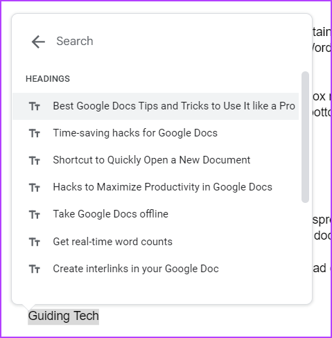 Create jump-tos in Google Docs