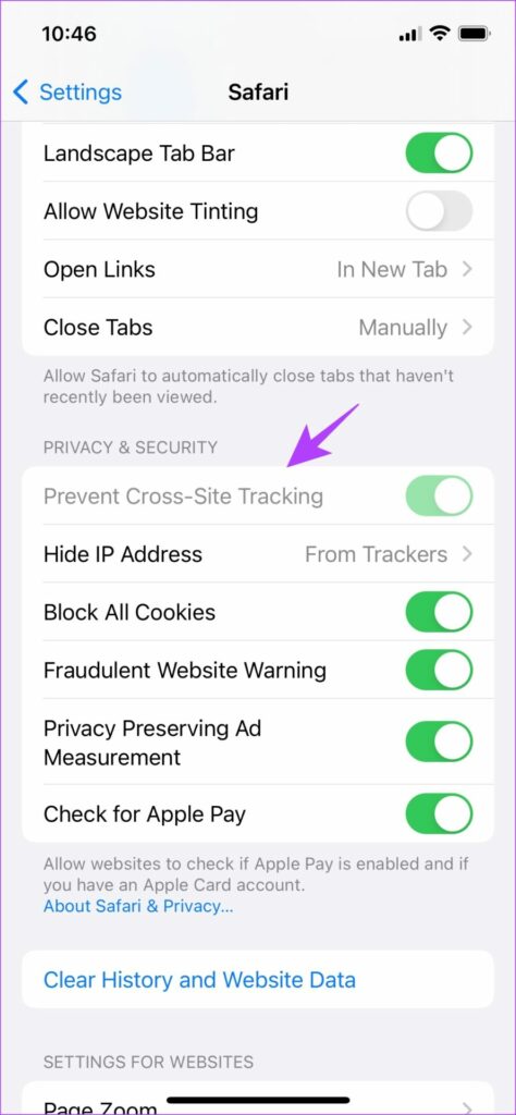 Prevent Cross site tracking grayed out