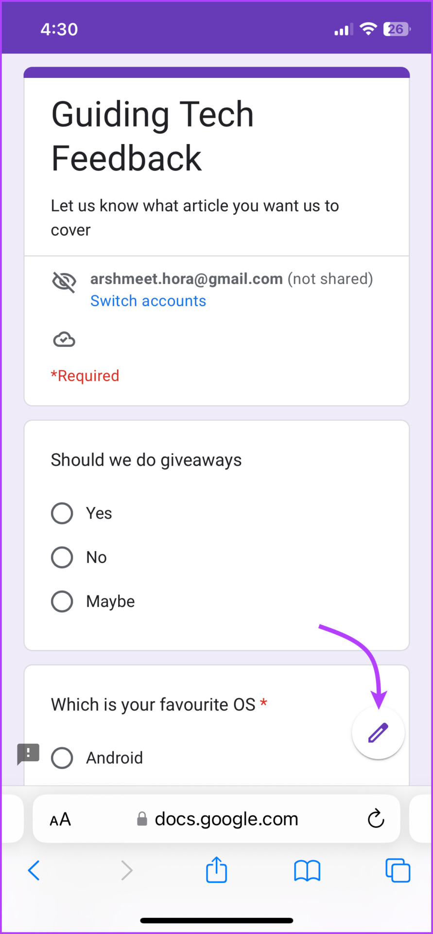 Tap the pencil icon to edit Google Forms