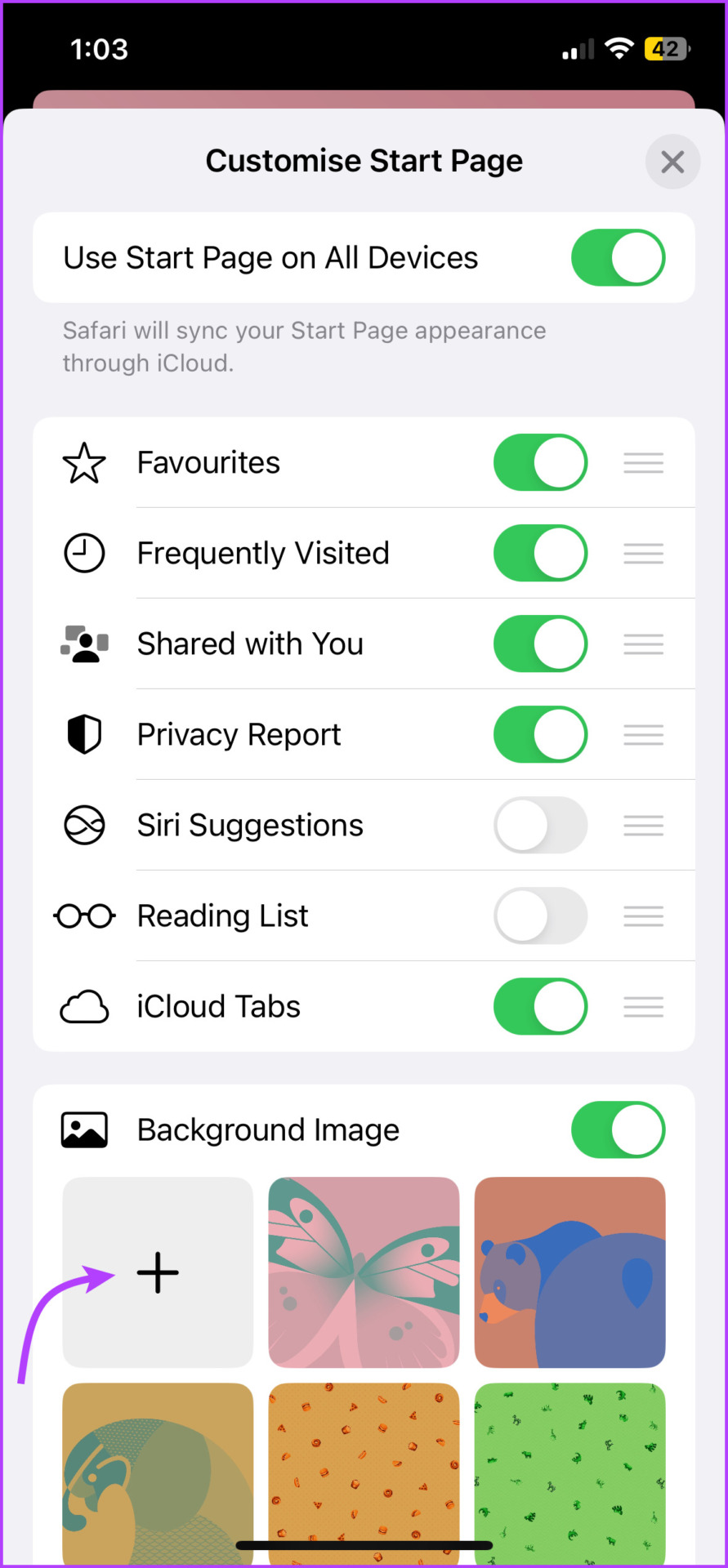 Tap + to change Safari tabs background