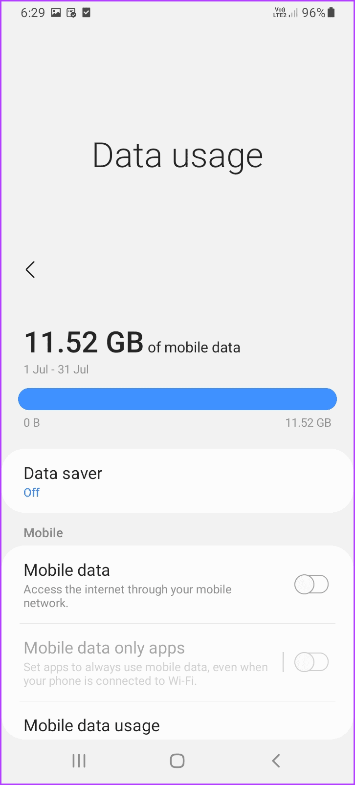 Menu showing data usage on iOS