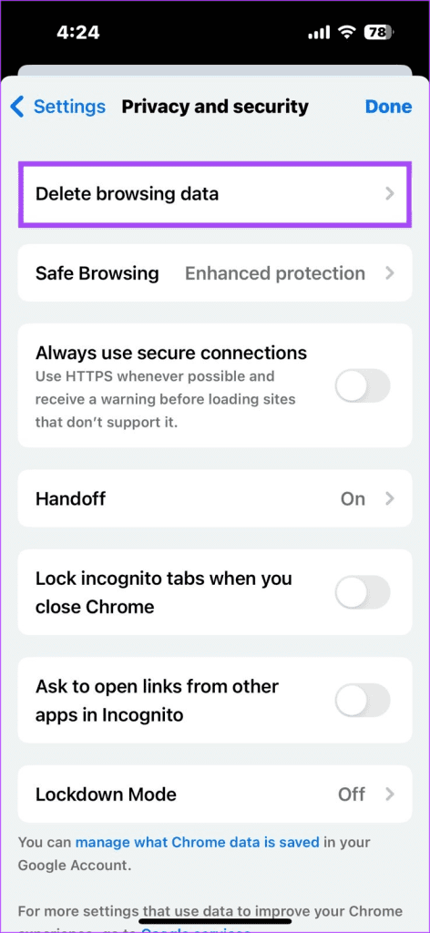 Delete Chrome browsing data in iPhone