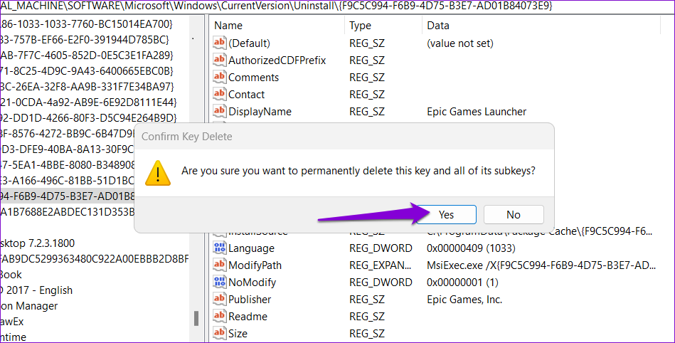 Delete Epic Game Launcher via the Registry Editor