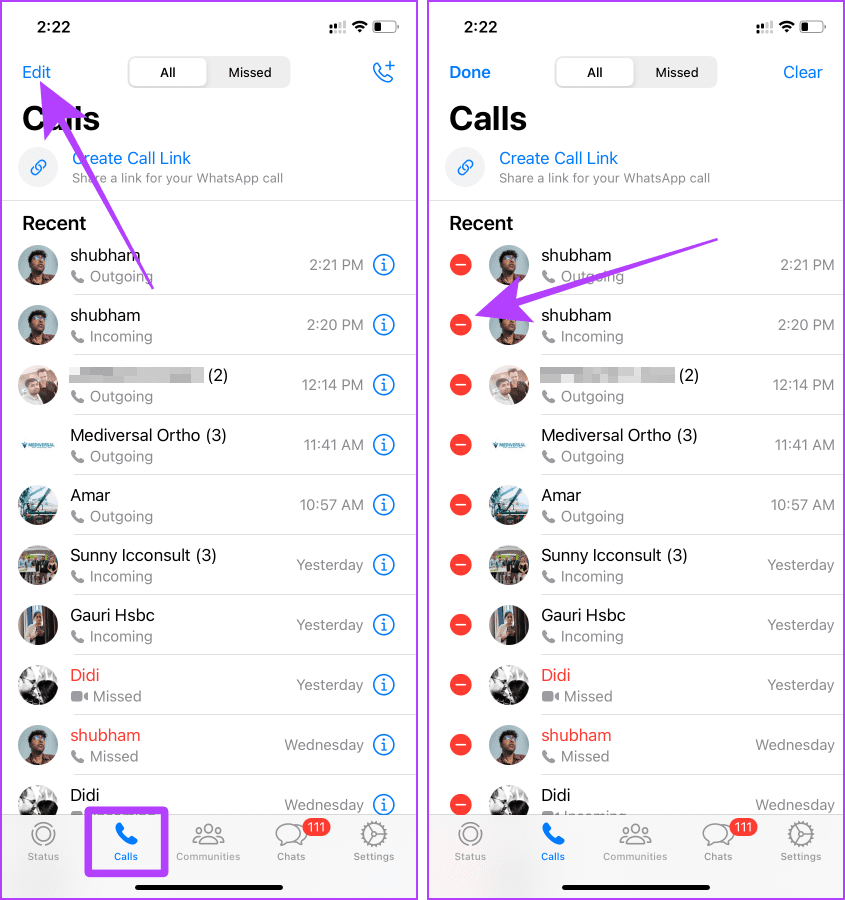 Delete Items from Call History on WhatsApp iOS