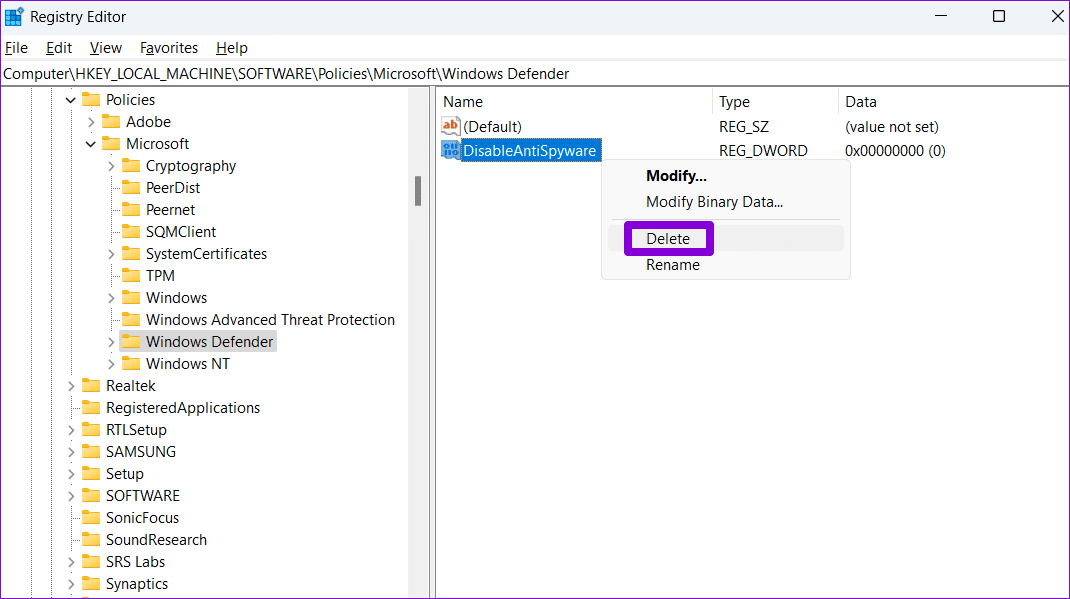 Delete Registry DWORD