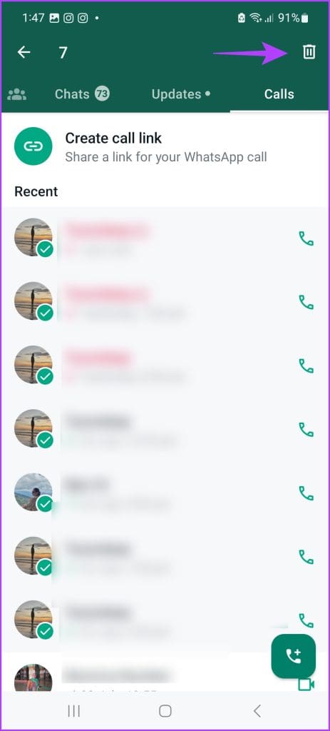 Select the calls and delete