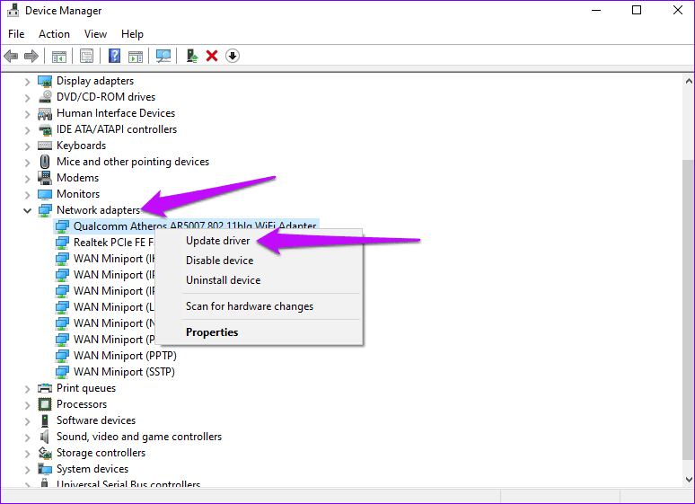 Device manager network adapters