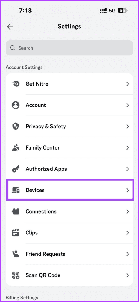 Devices Section in Discord Settings Menu