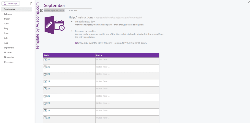 Diary Template for OneNote 1