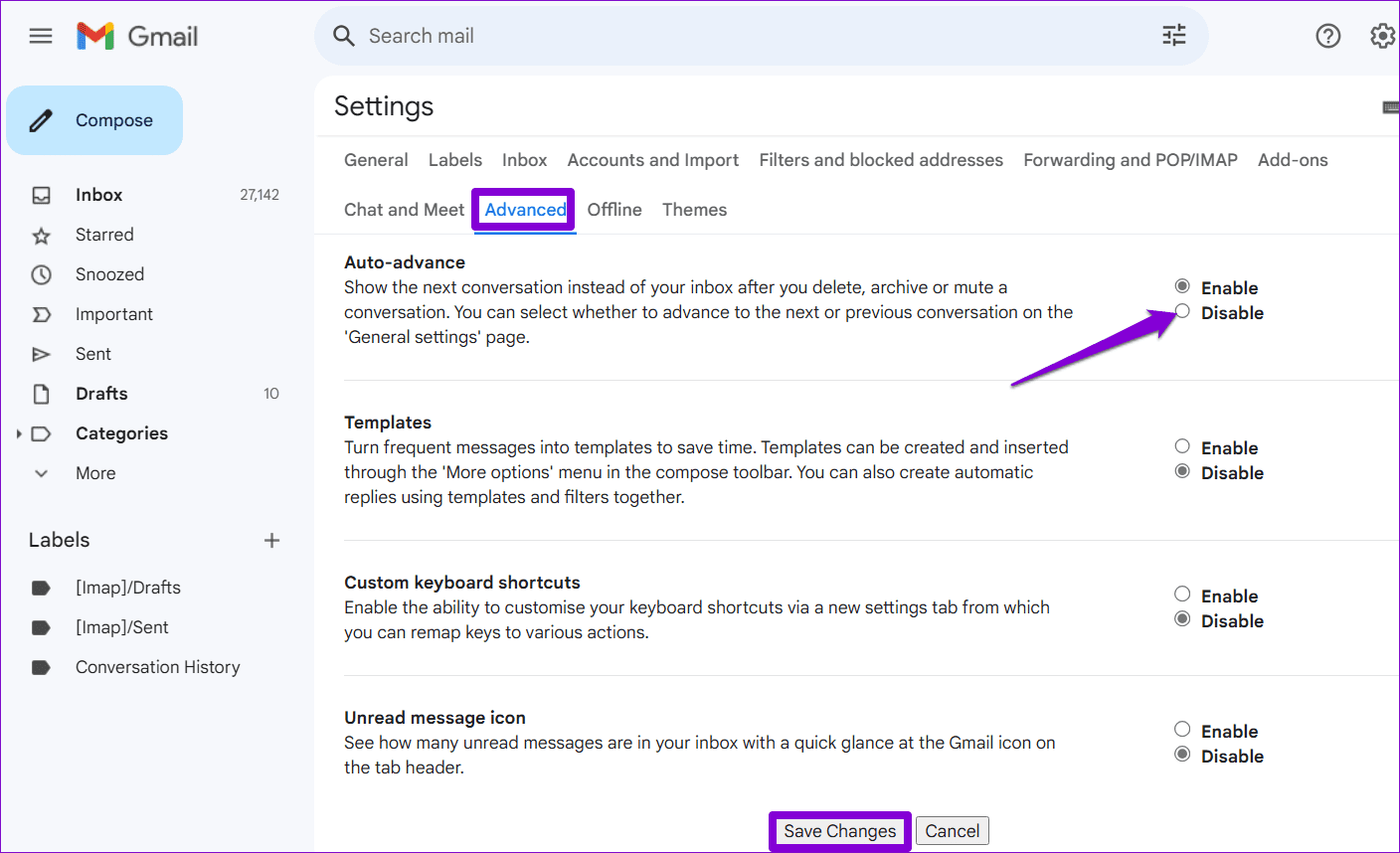 Disable Advanced Gmail Features