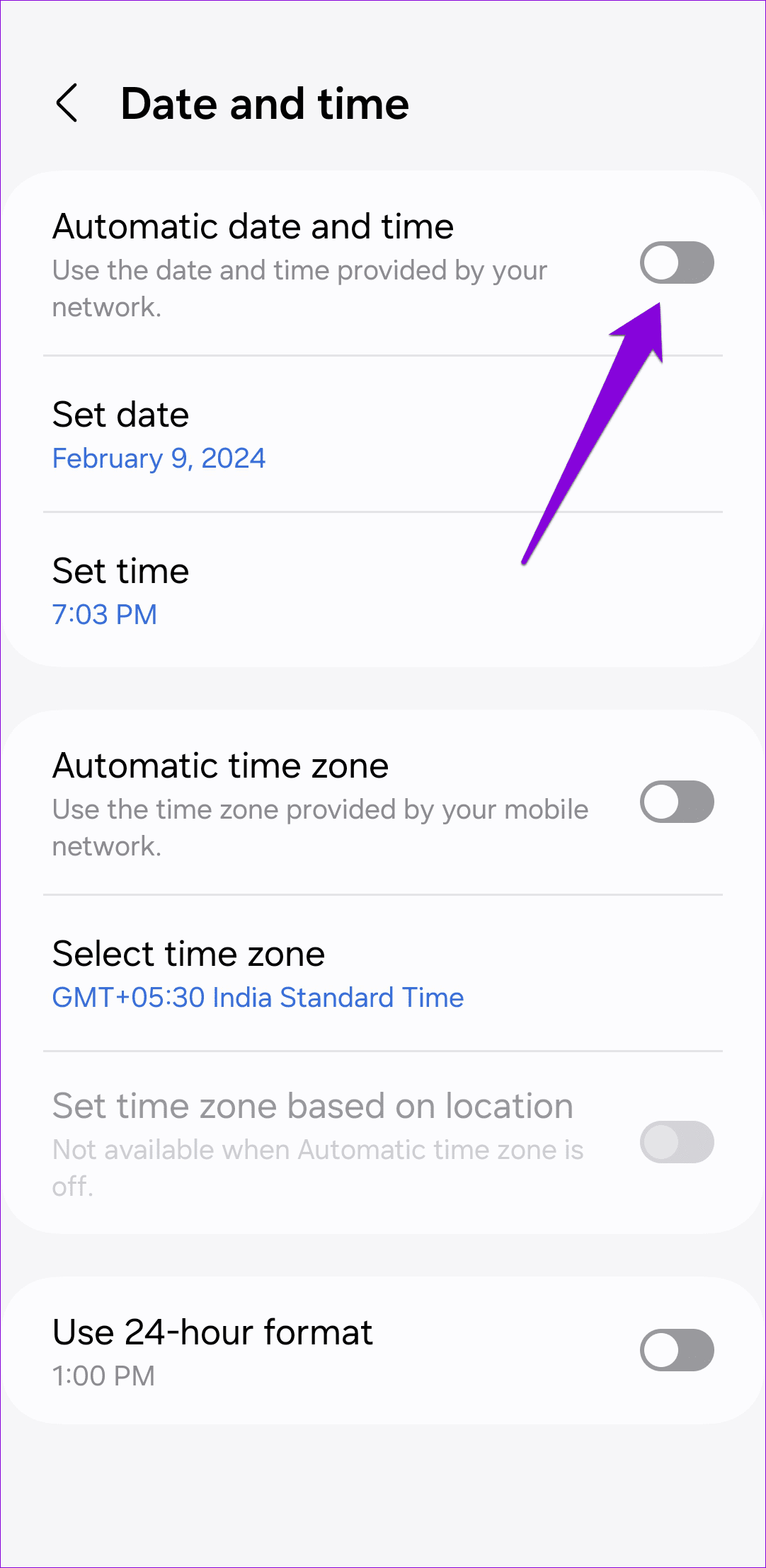 Disable Automatic Date and Time on Android