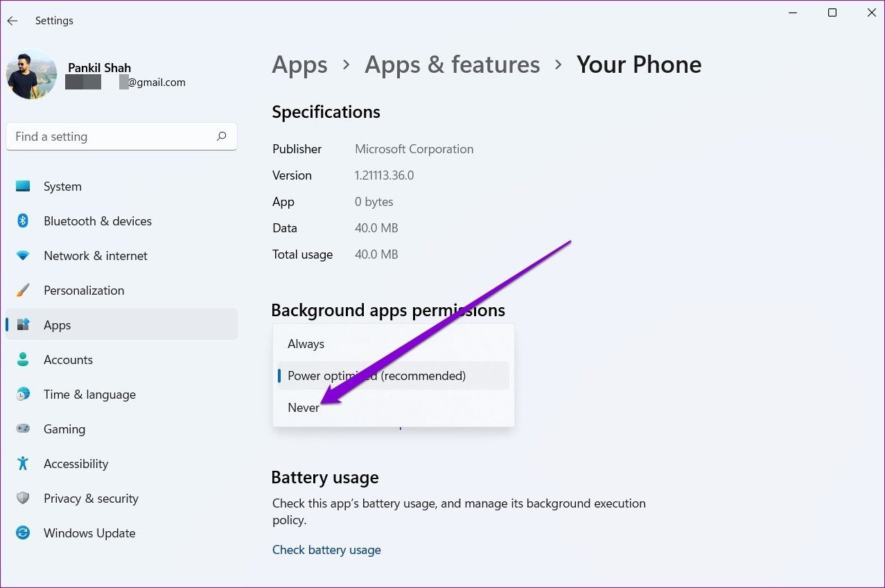 Disable Background Activity for App on Windows 11