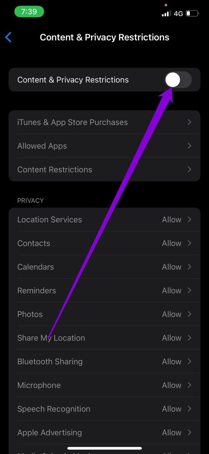 Disable Content Privacy Restrictions on i Phone