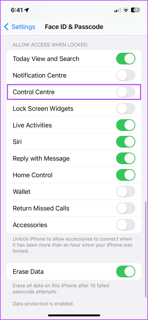 Toggle off switch next to Control Center