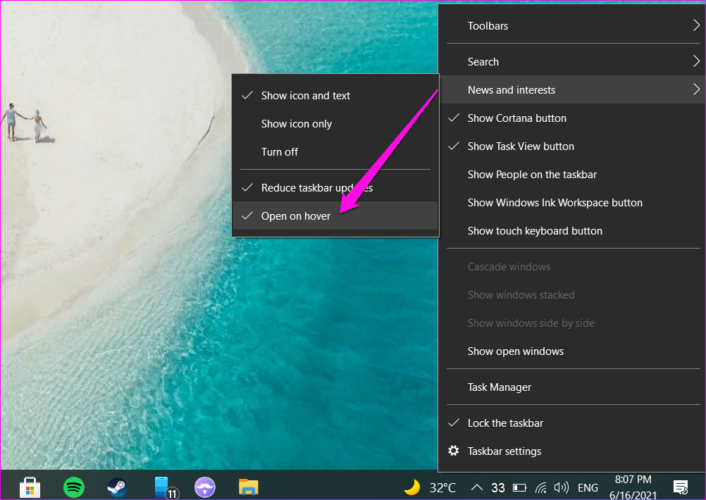 Disable Enable News and Interests Taskbar Widget in Windows 10 8