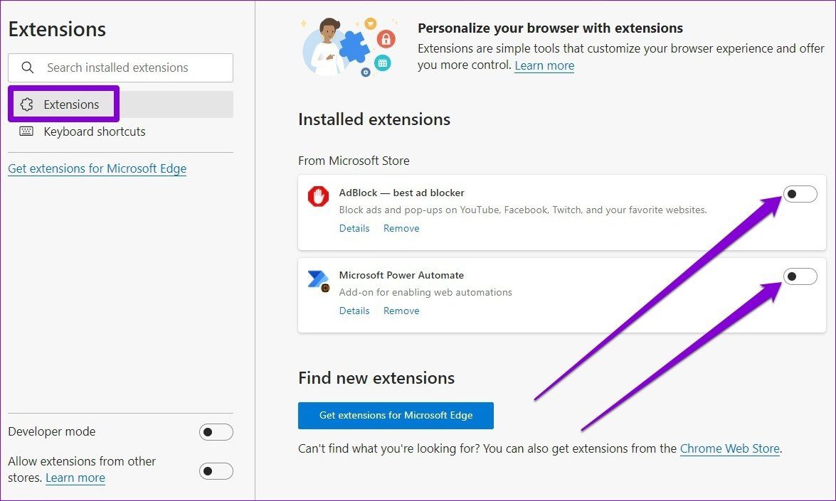 Disable Extensions in Edge