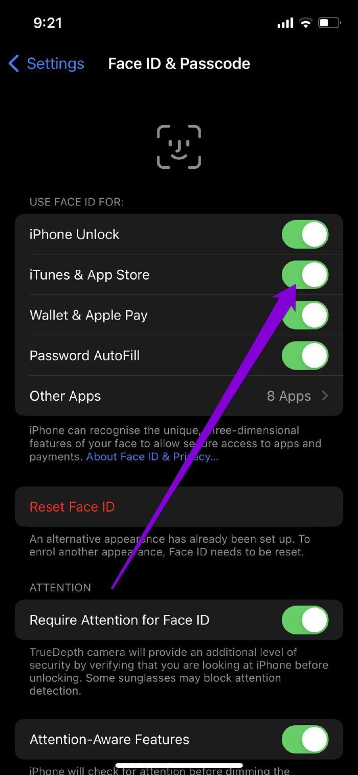 Disable Face ID for i Tunes App Store