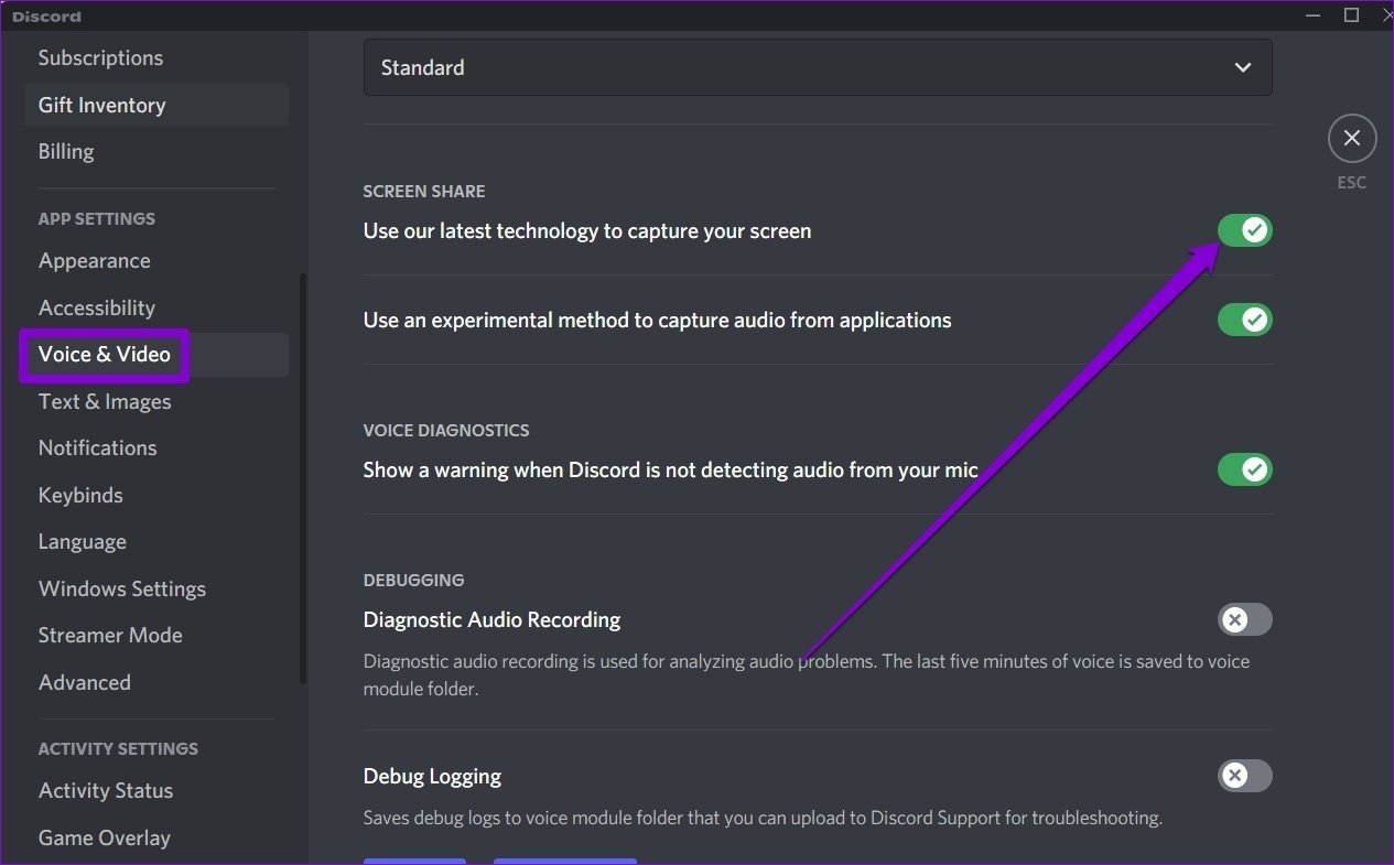 Disable Latest Screen Share Technology in Discord