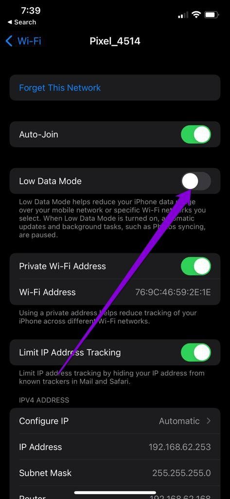 Disable Low Data Mode on Wi Fi
