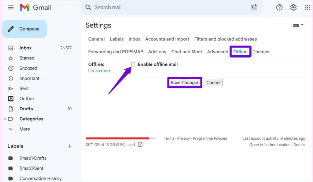 Disable Offline Mode in Gmail