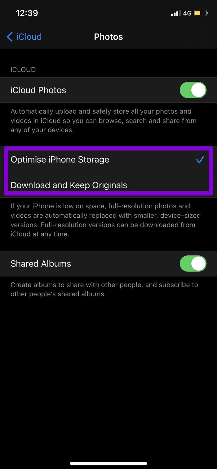 Disable Storage Optimization i Phone