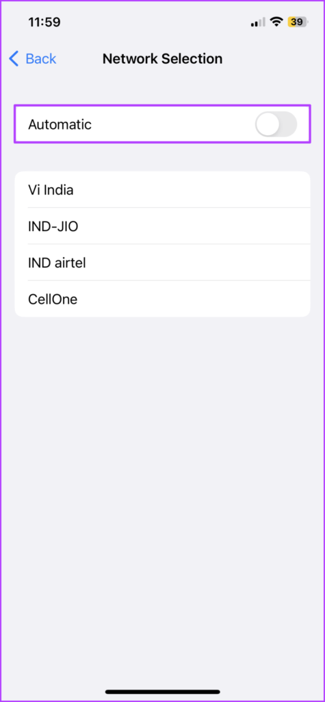 Enable Automatic Network selection on iPhone