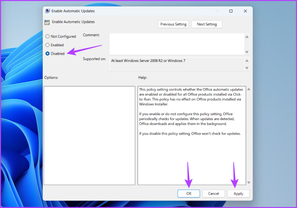 Disabled option in the Local Group Policy Editor