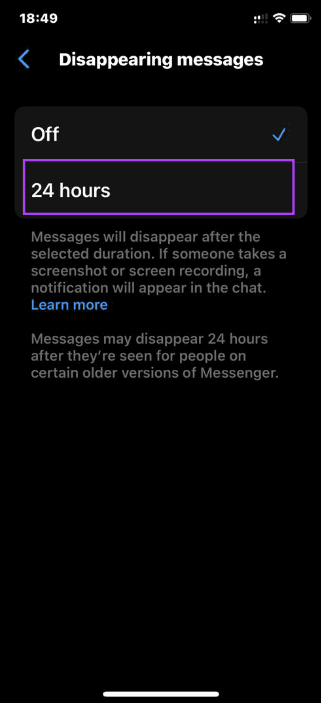Disappearing messages set to 24 hours